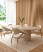 Oval Travertine Dining Table with Fluted Round Base