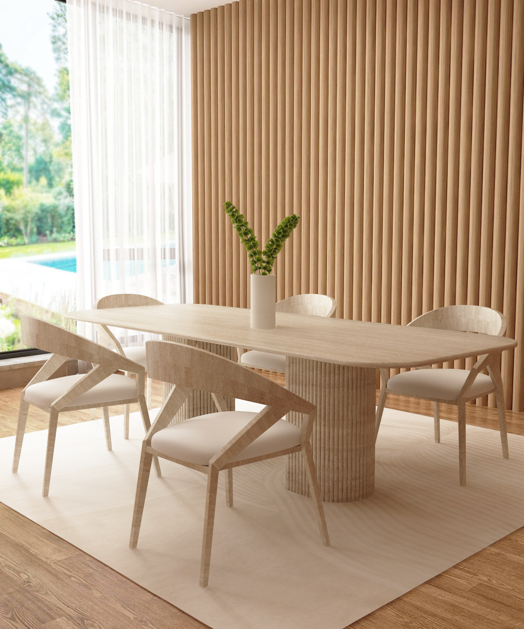 Rectangular Travertine Dining Table with Fluted Round Base