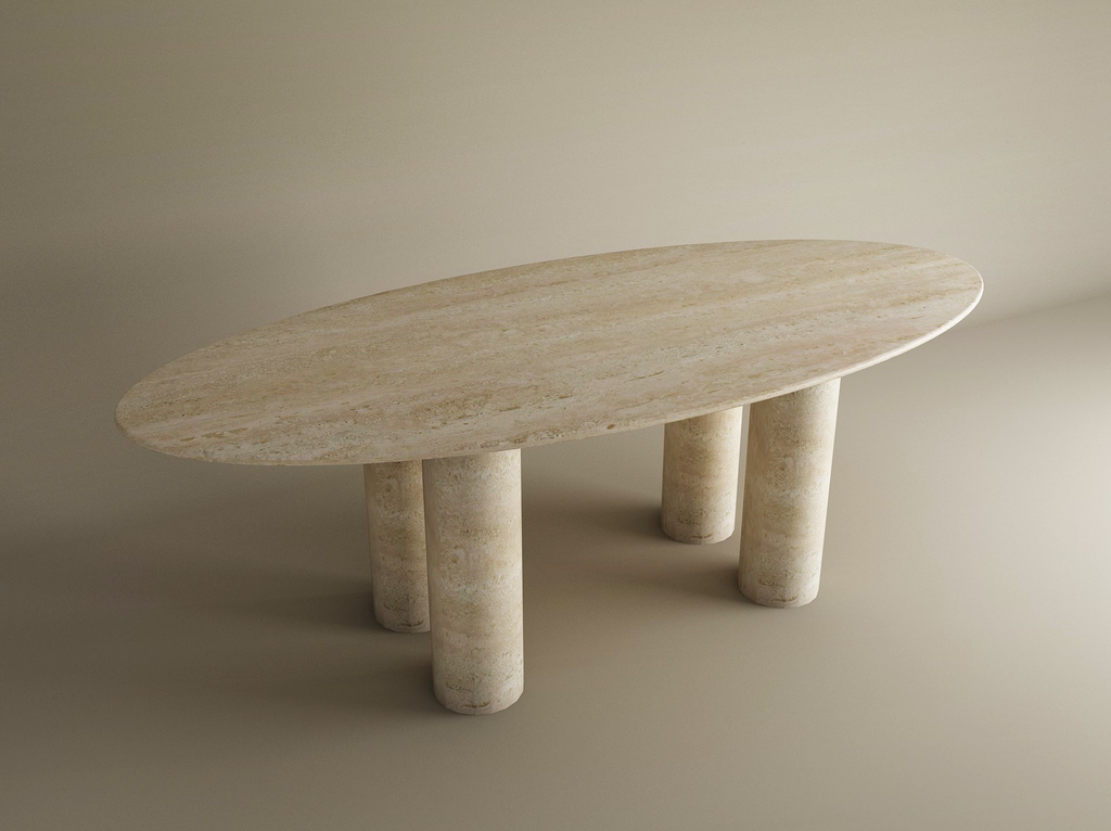 Ellips Travertine Dining Table with Cylindrical Base