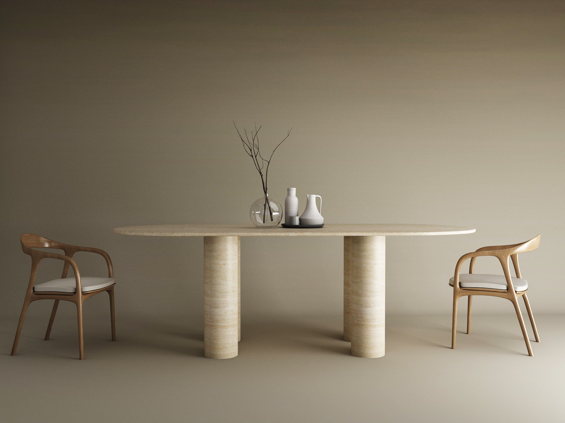 Oval Travertine Dining Table with Cylindrical Base