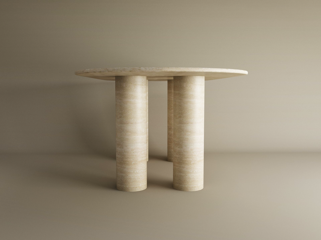 Oval Travertine Dining Table with Cylindrical Base