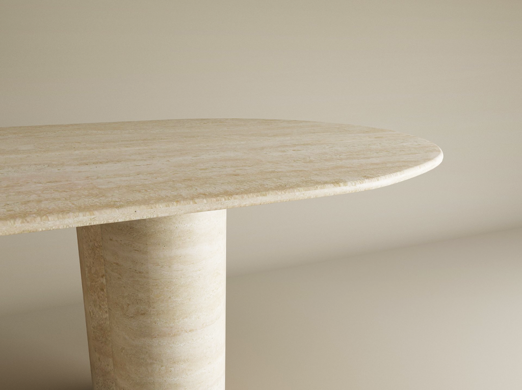 Oval Travertine Dining Table with Cylindrical Base