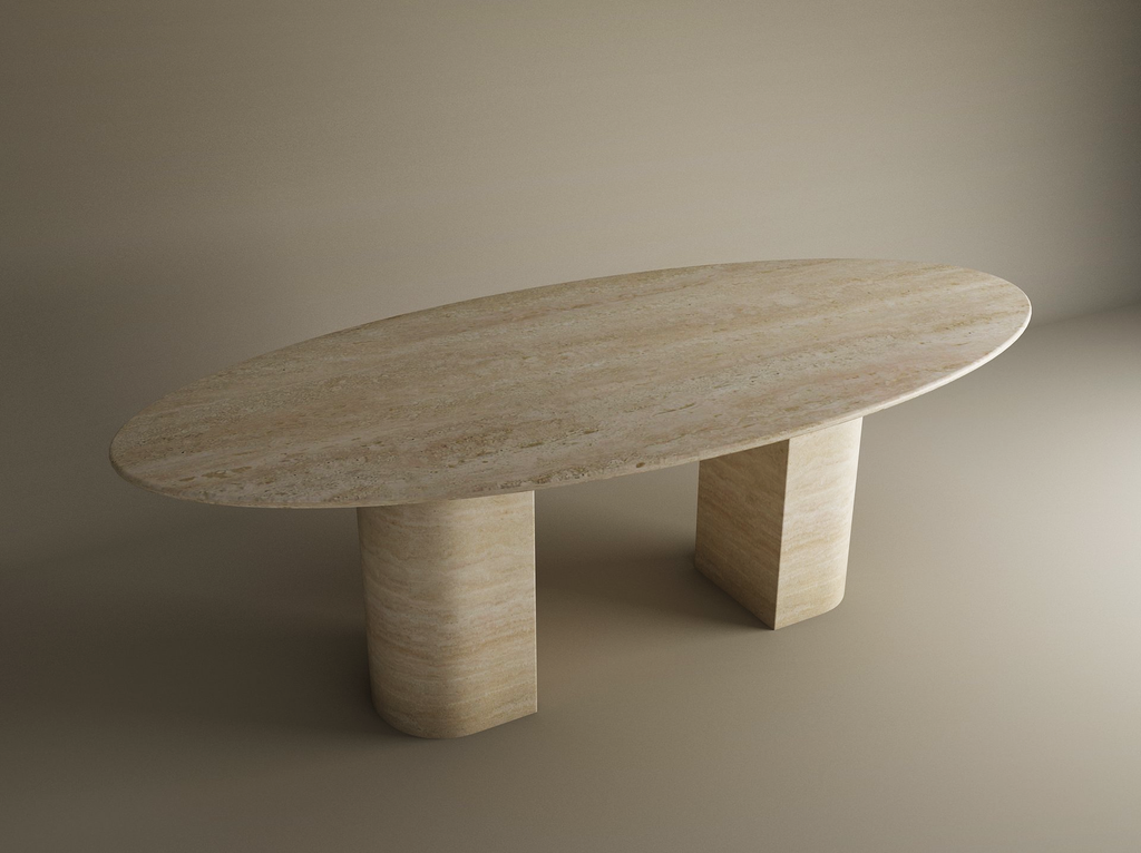 Ellips Travertine Dining Table with Sloped Pedestal Base
