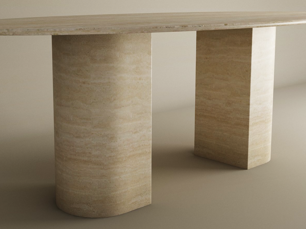 Ellips Travertine Dining Table with Sloped Pedestal Base