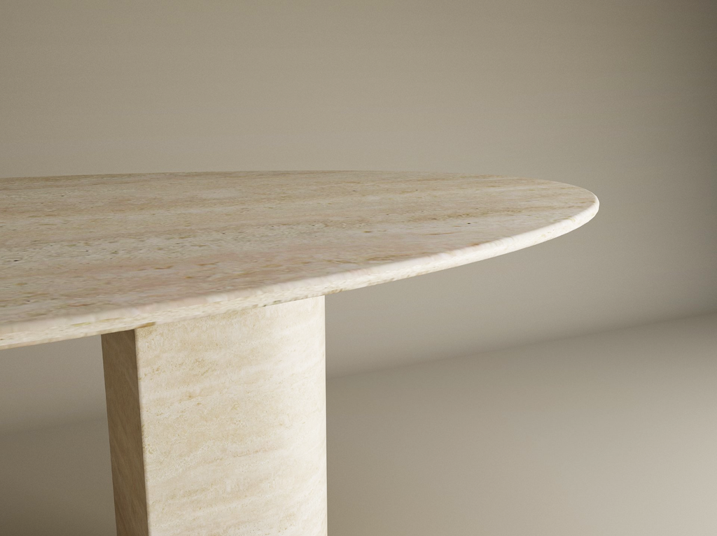 Ellips Travertine Dining Table with Sloped Pedestal Base