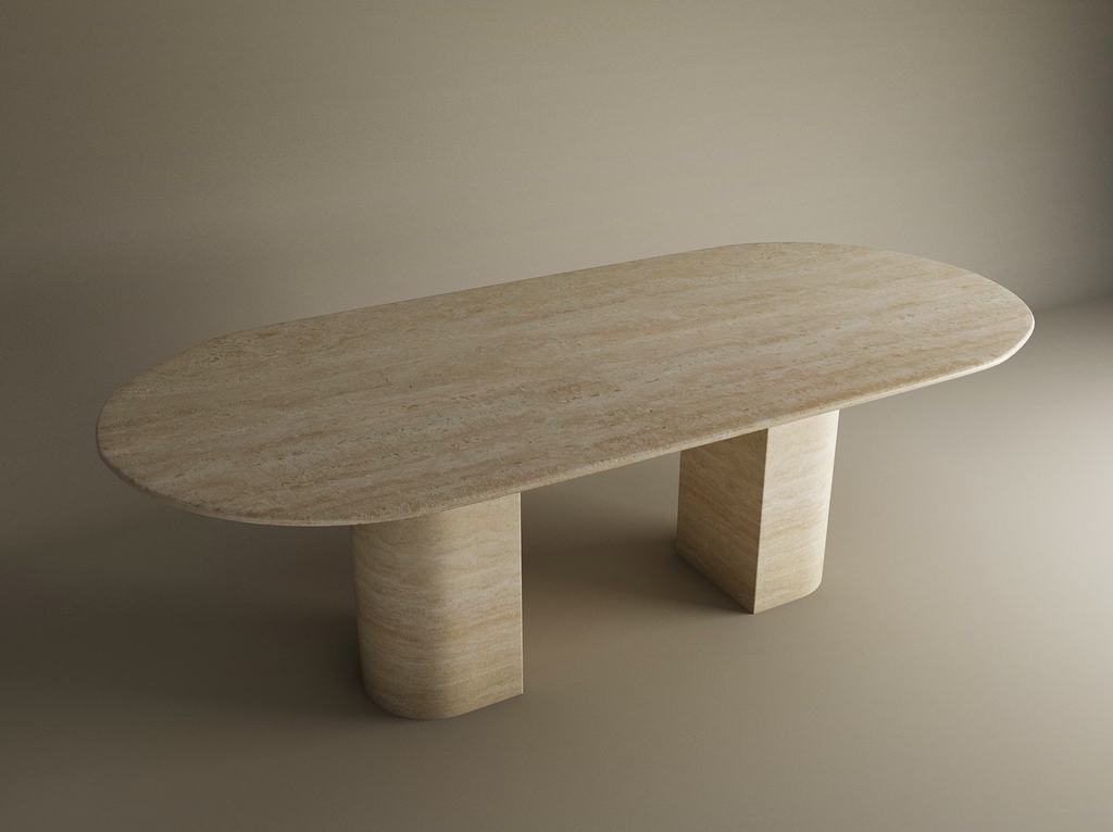 Oval Travertine Dining Table with Sloped Pedestal Base