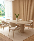 Oval Travertine Dining Table with Sloped Pedestal Base