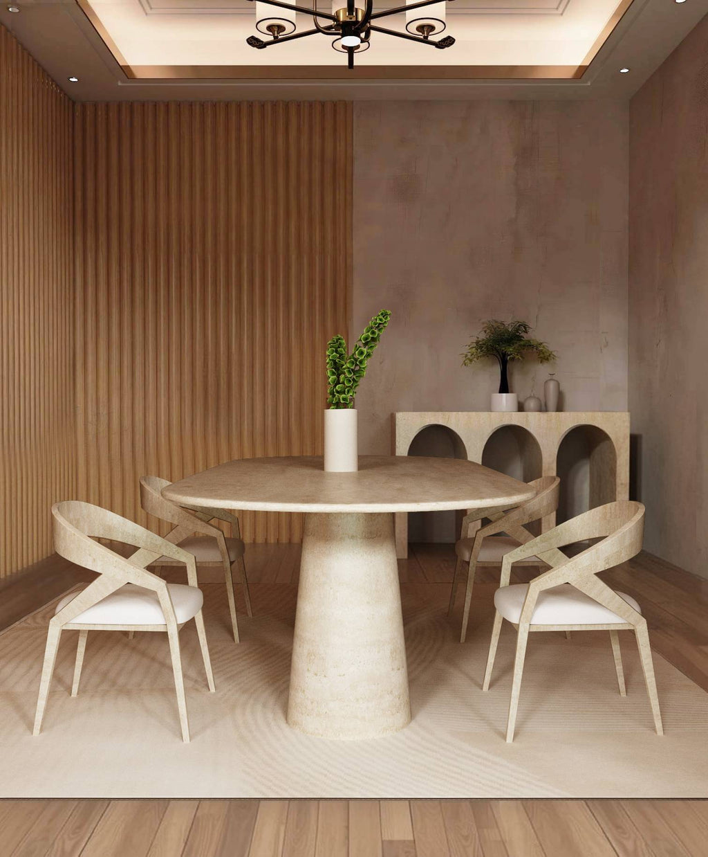 Oval Travertine Dining Table with Conical Pedestal Base
