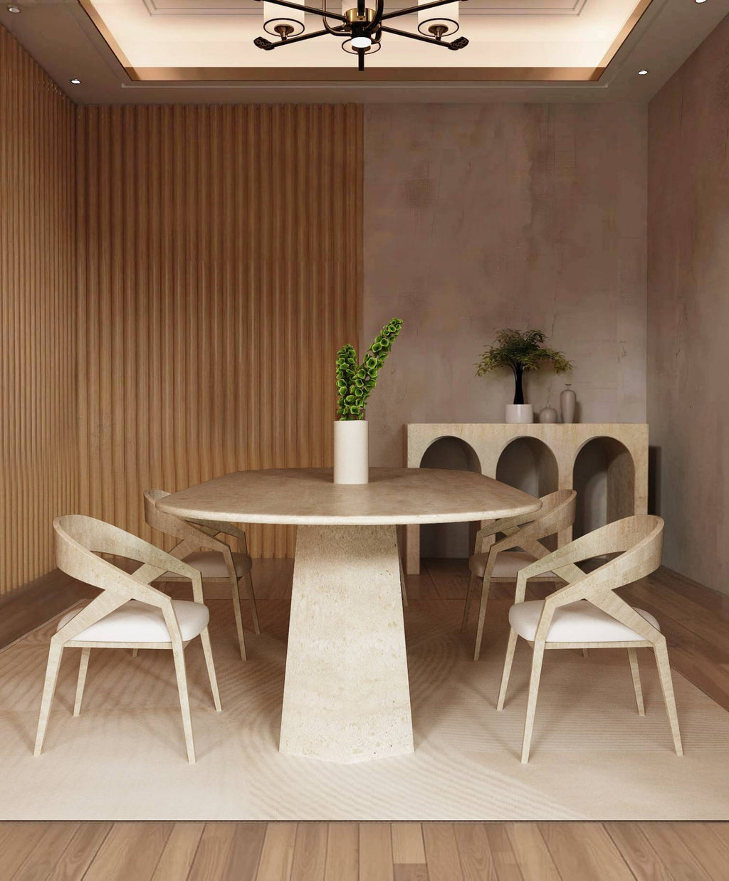 Oval Travertine Dining Table with Tapered Round Base