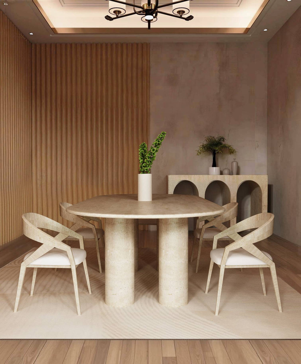 Oval Travertine Dining Table with Cylindrical Base