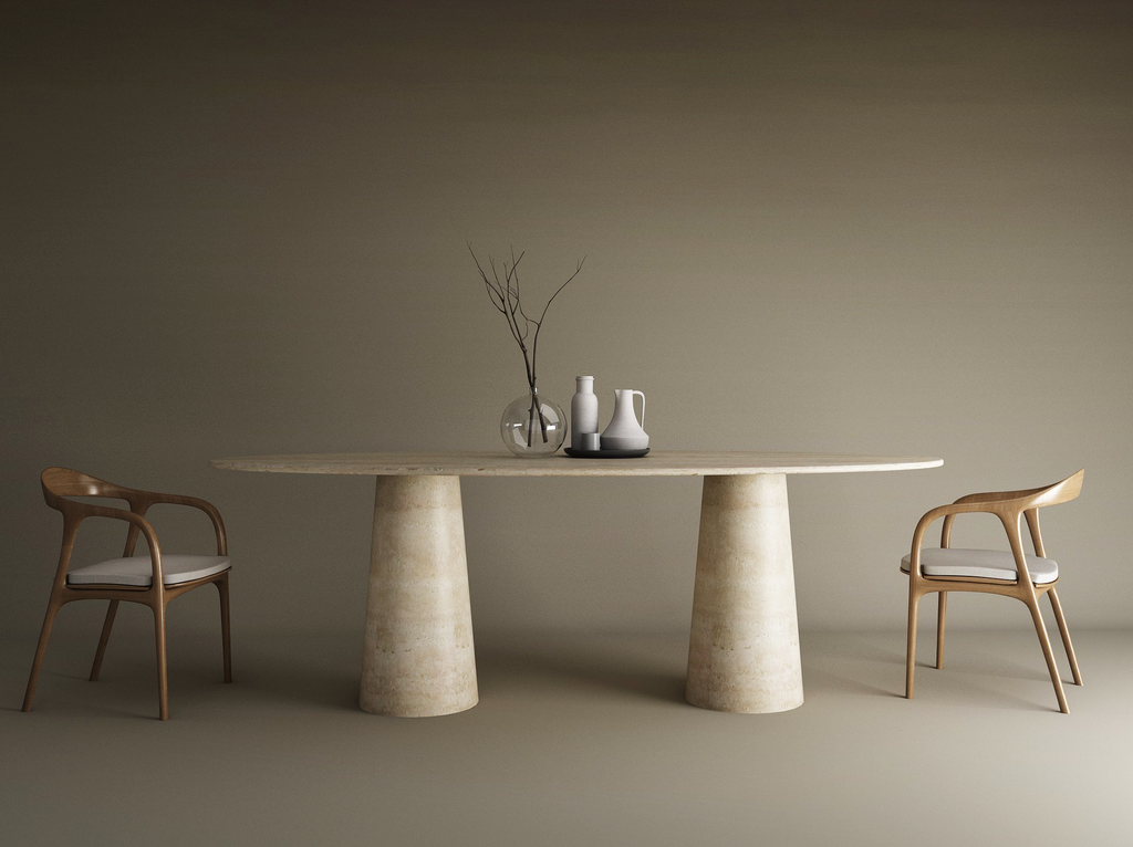 Ellips Travertine Dining Table with Conical Pedestal Base