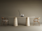 Ellips Travertine Dining Table with Conical Pedestal Base