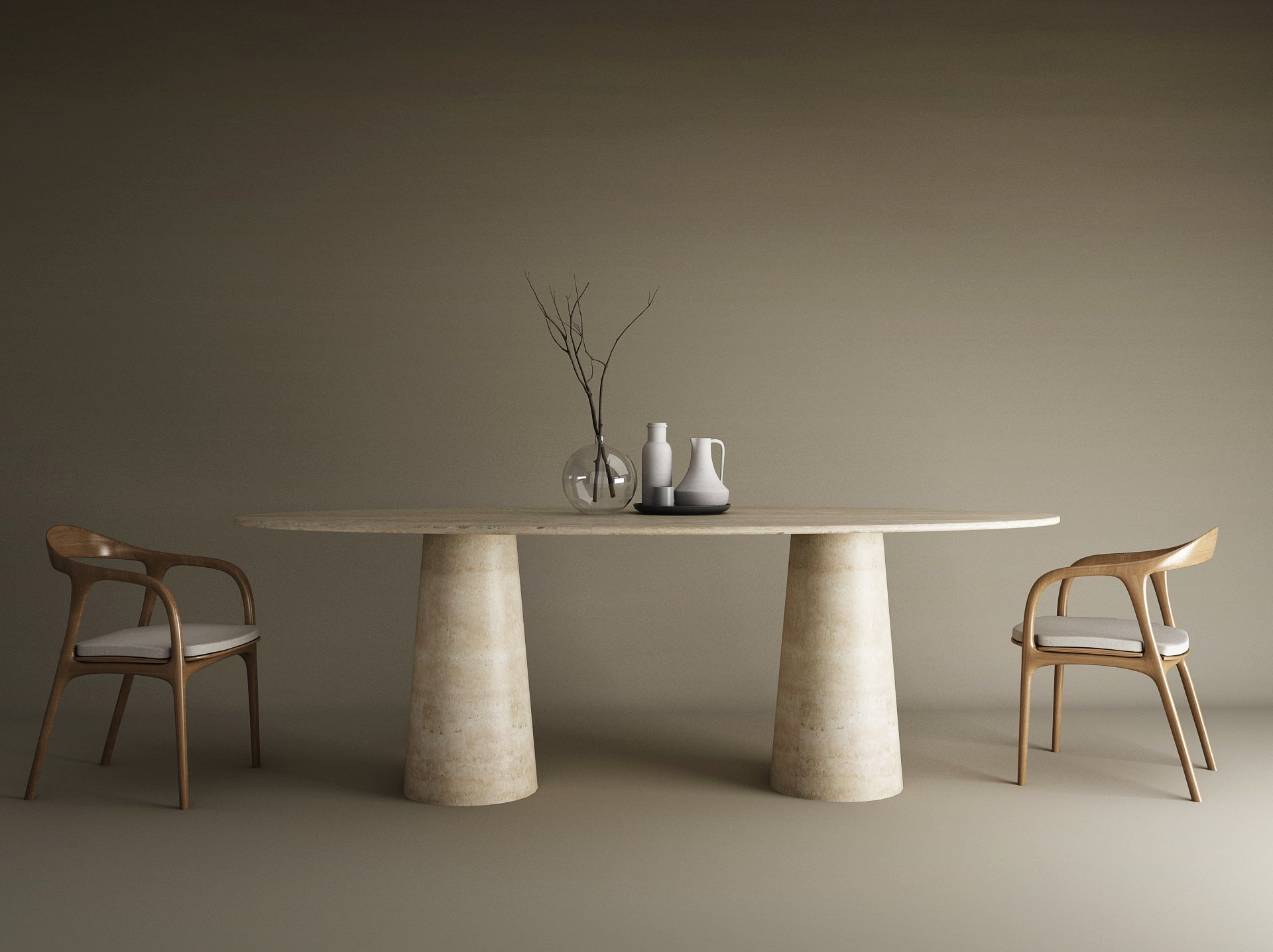Ellips Travertine Dining Table with Conical Pedestal Base