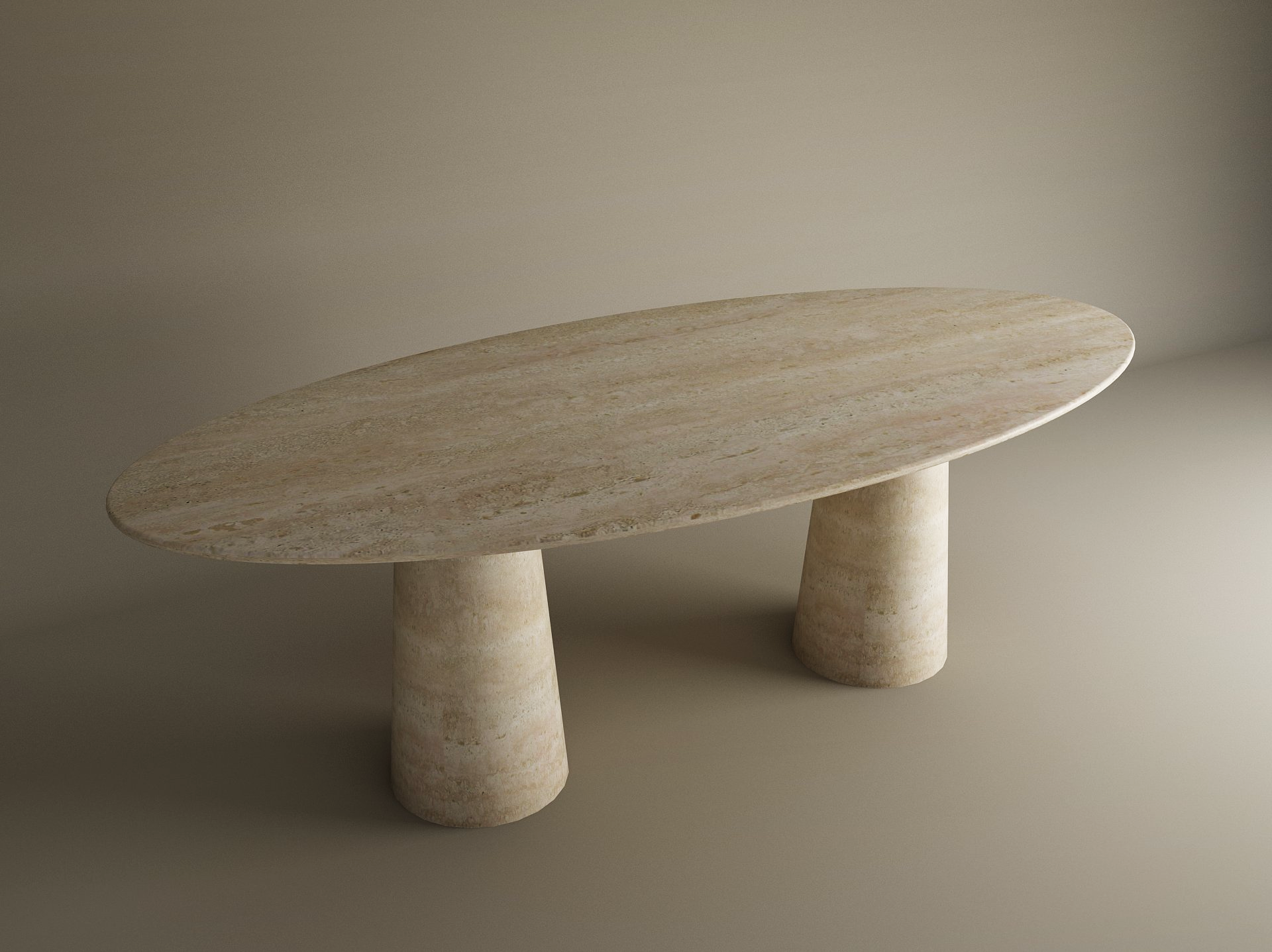 Ellips Travertine Dining Table with Conical Pedestal Base