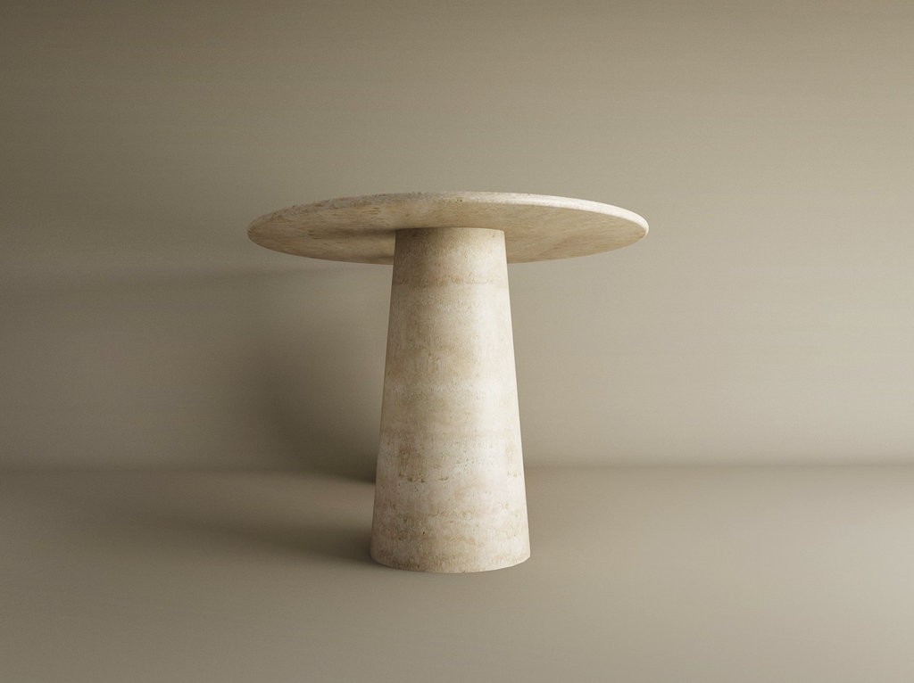 Ellips Travertine Dining Table with Conical Pedestal Base