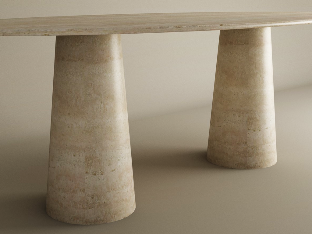 Ellips Travertine Dining Table with Conical Pedestal Base