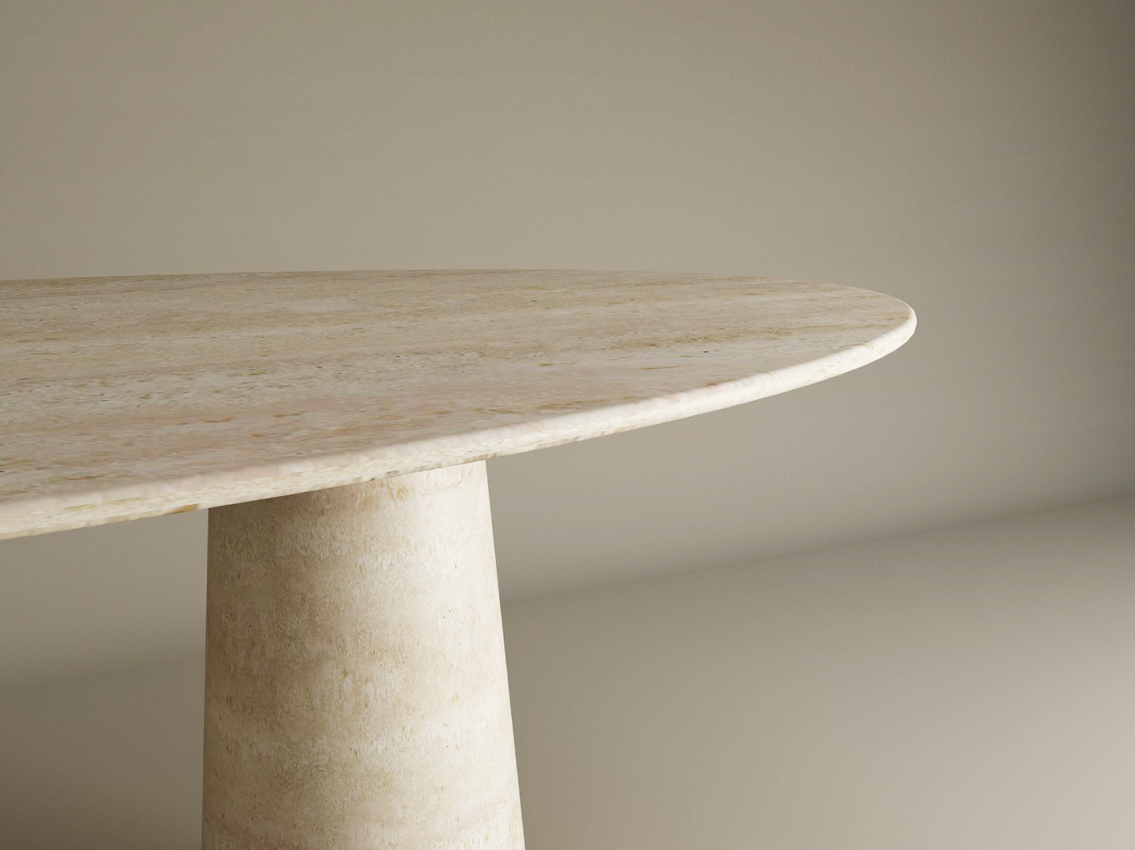 Ellips Travertine Dining Table with Conical Pedestal Base
