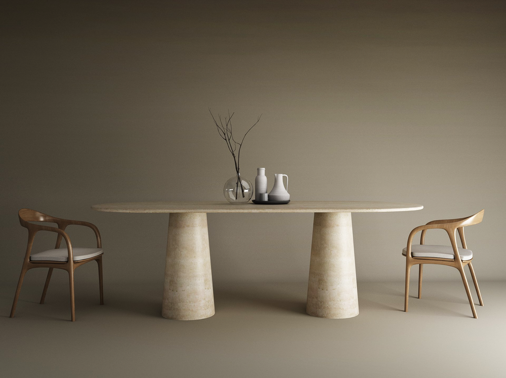 Oval Travertine Dining Table with Conical Pedestal Base