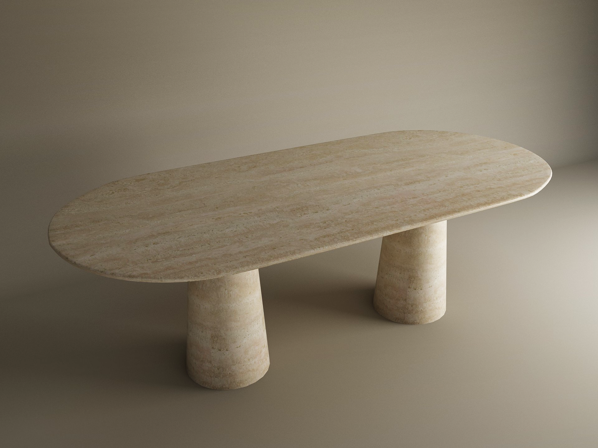 Oval Travertine Dining Table with Conical Pedestal Base