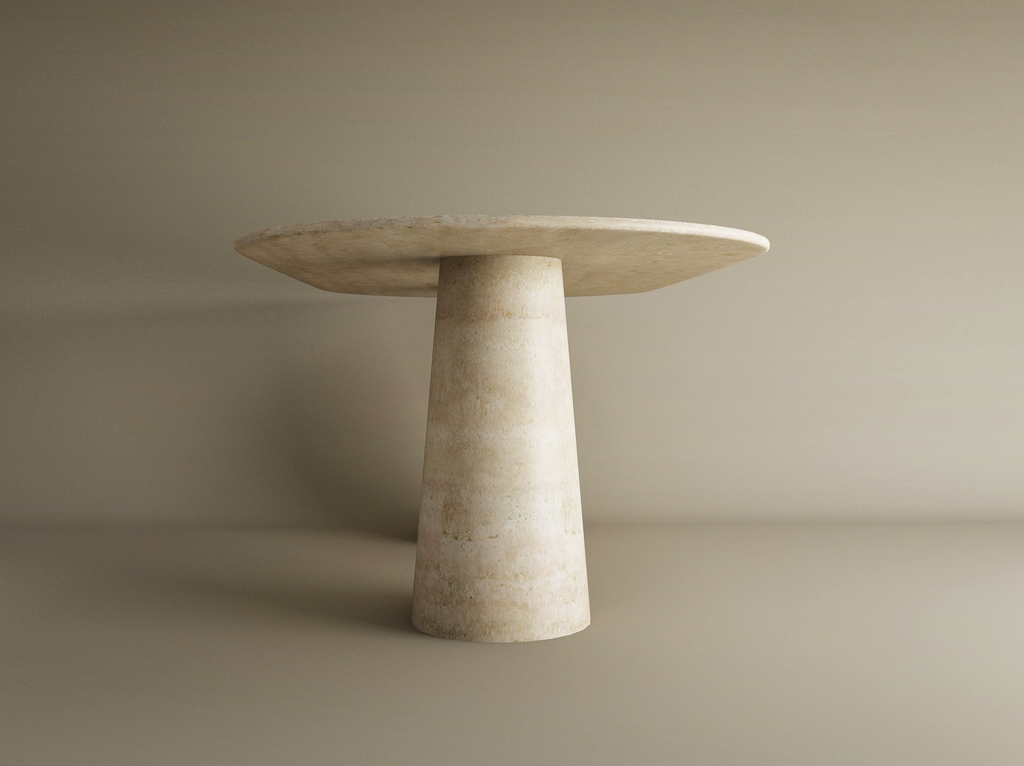 Oval Travertine Dining Table with Conical Pedestal Base