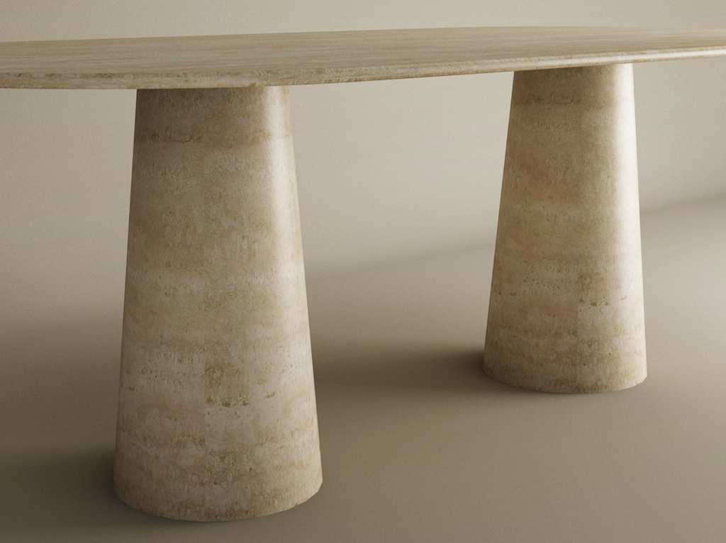 Oval Travertine Dining Table with Conical Pedestal Base