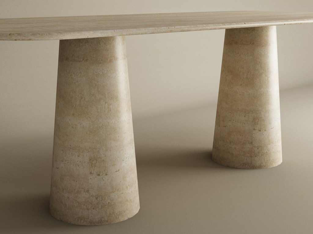 Rectangular Travertine Dining Table with Conical Pedestal Base