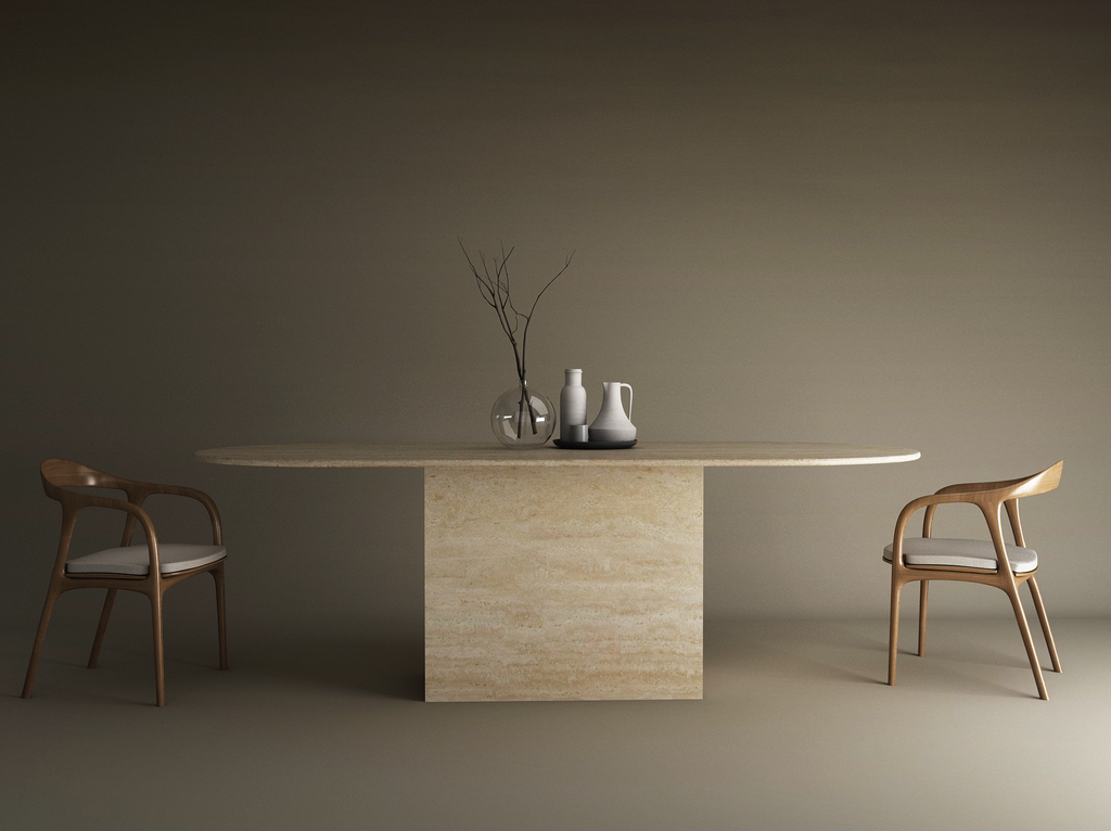 Oval Travertine Dining Table with Block Base