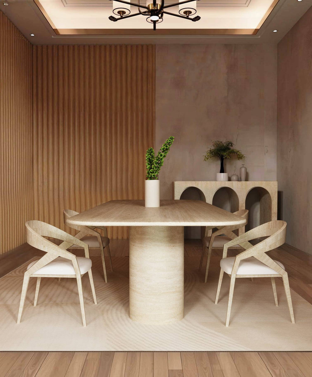 Rectangular Travertine Dining Table with Cylindrical Base