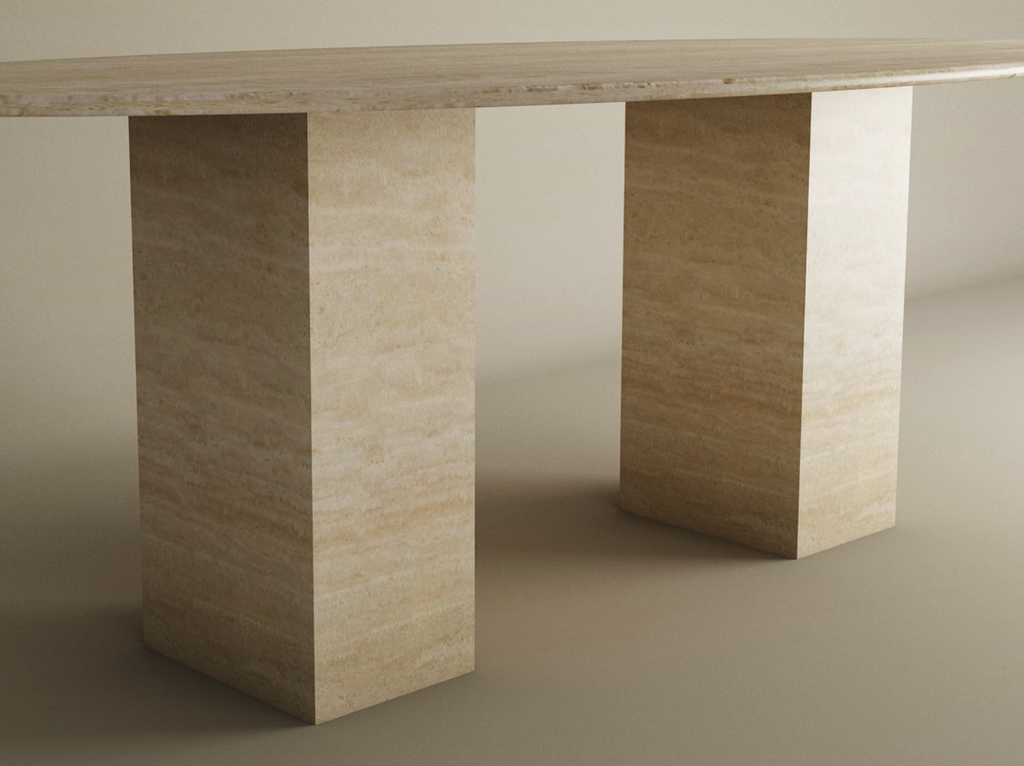 Ellips Travertine Dining Table with Rectangular Pedestal Base