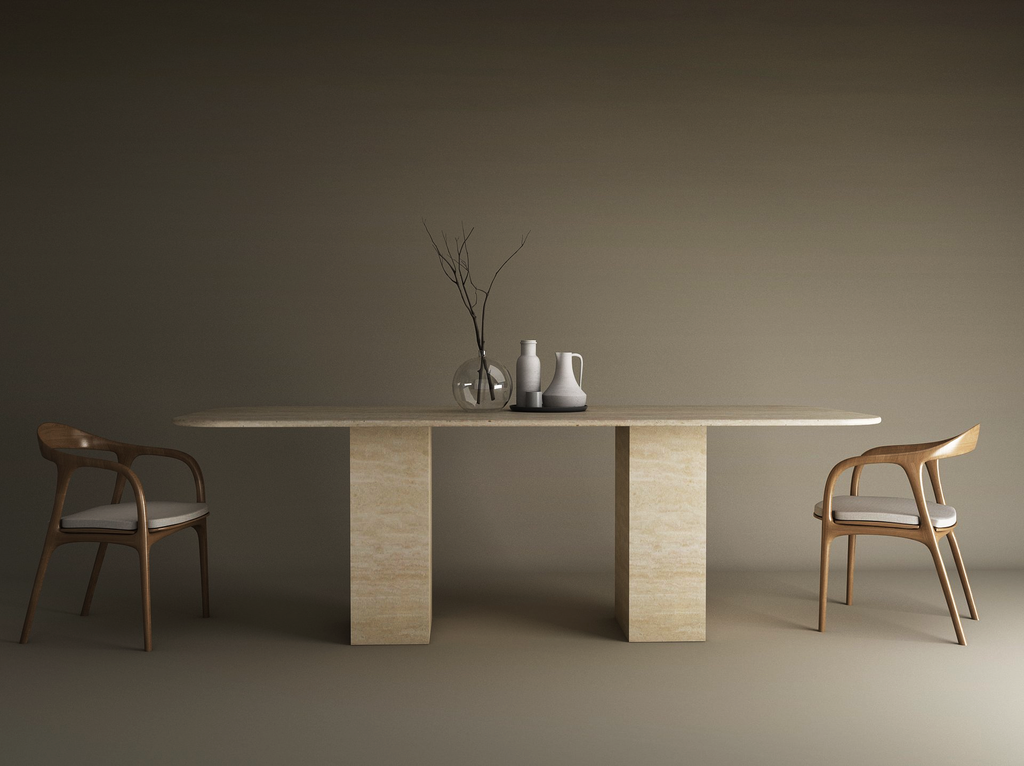 Rectangular Travertine Dining Table with Rectangular Pedestal Base