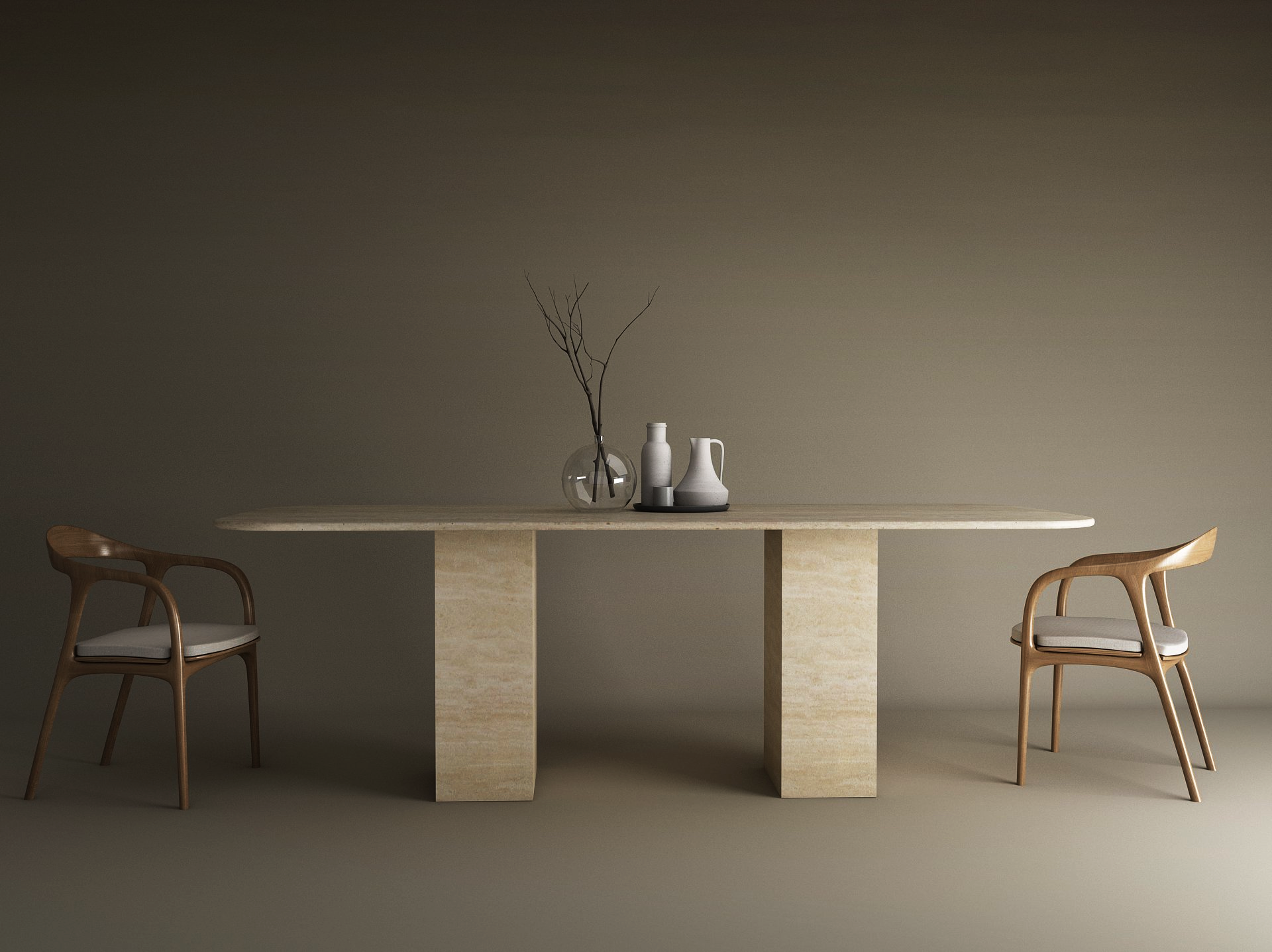 Rectangular Travertine Dining Table with Rectangular Pedestal Base