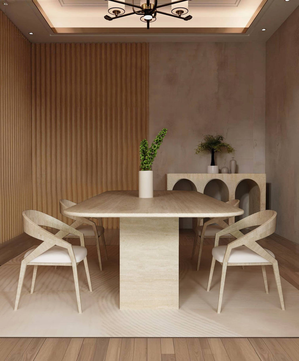 Rectangular Travertine Dining Table with Rectangular Pedestal Base