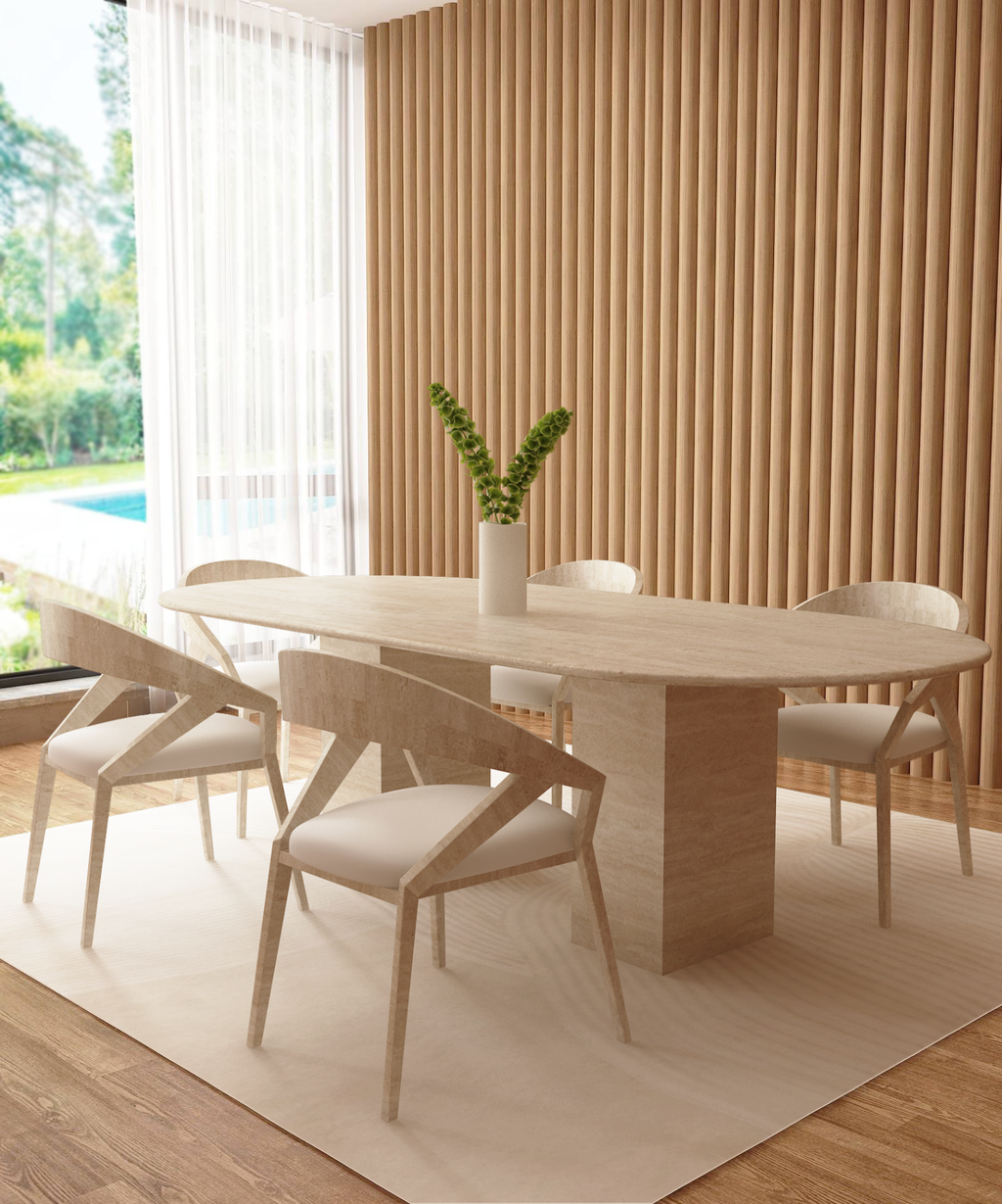 Oval Travertine Dining Table with Rectangular Pedestal Base