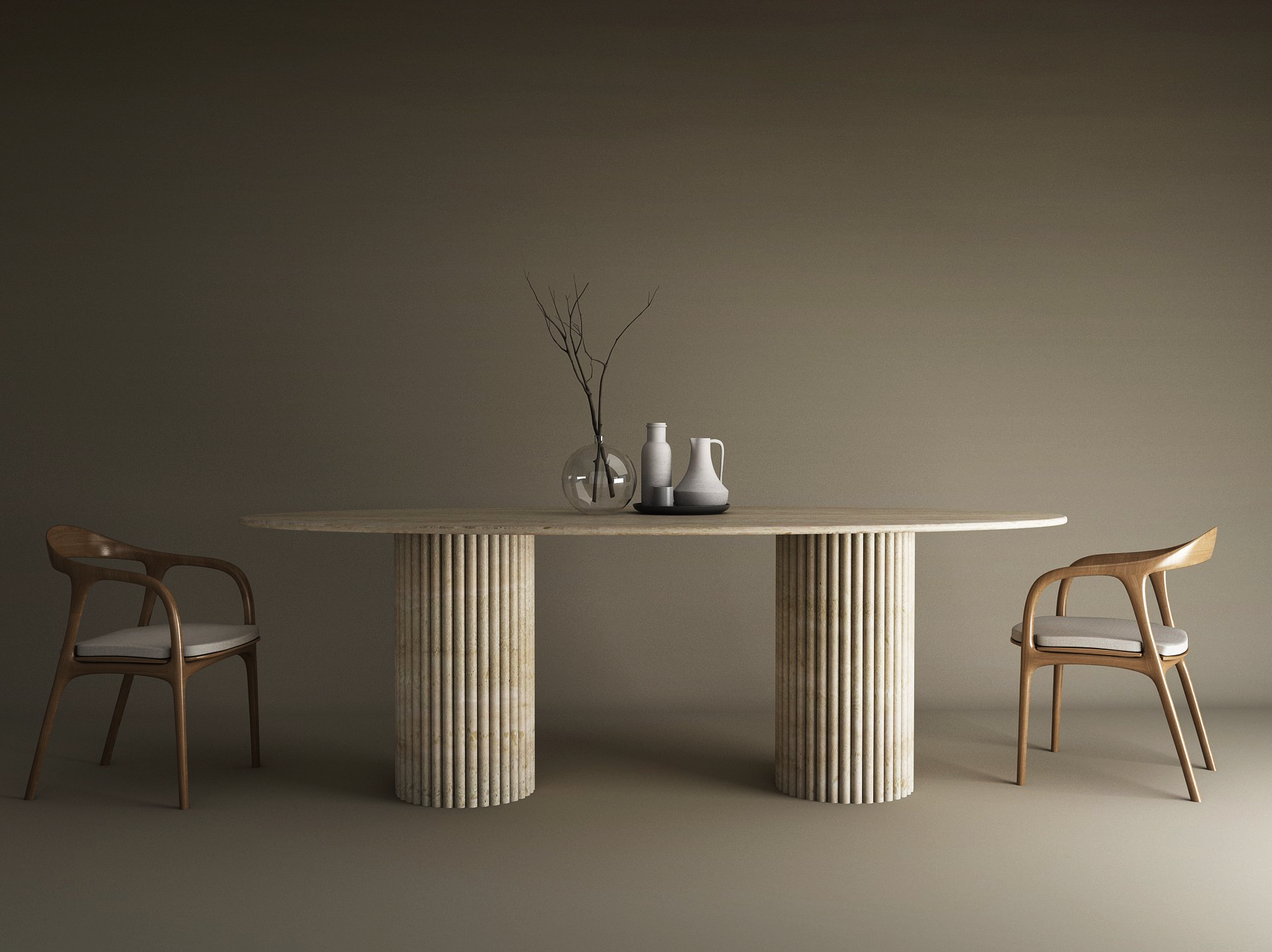 Ellips Travertine Dining Table with Vertical Groove Base