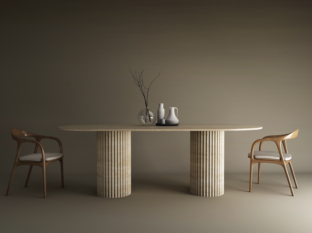 Oval Travertine Dining Table with Vertical Groove Base