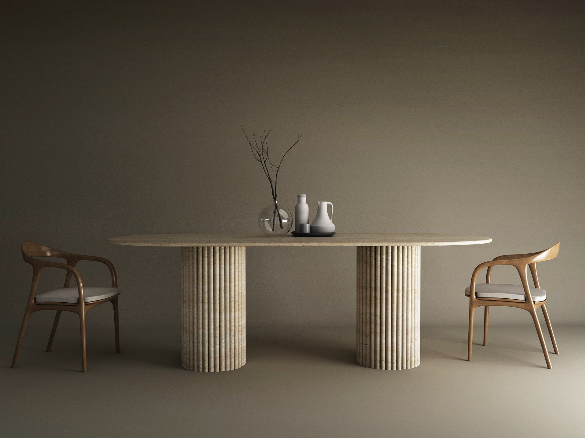 Oval Travertine Dining Table with Vertical Groove Base