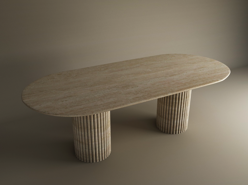 Oval Travertine Dining Table with Vertical Groove Base