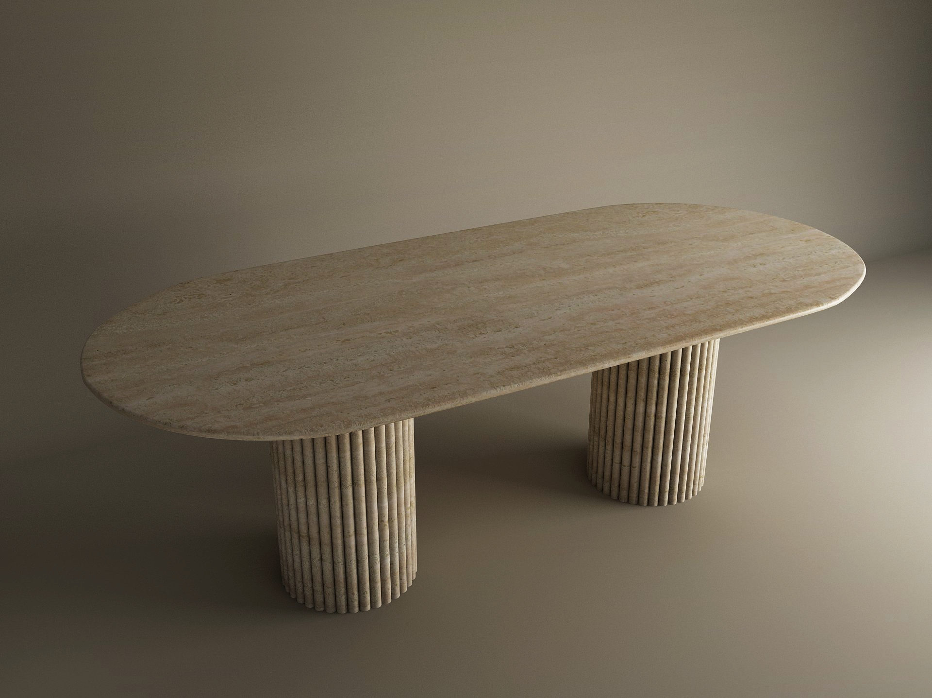 Oval Travertine Dining Table with Vertical Groove Base