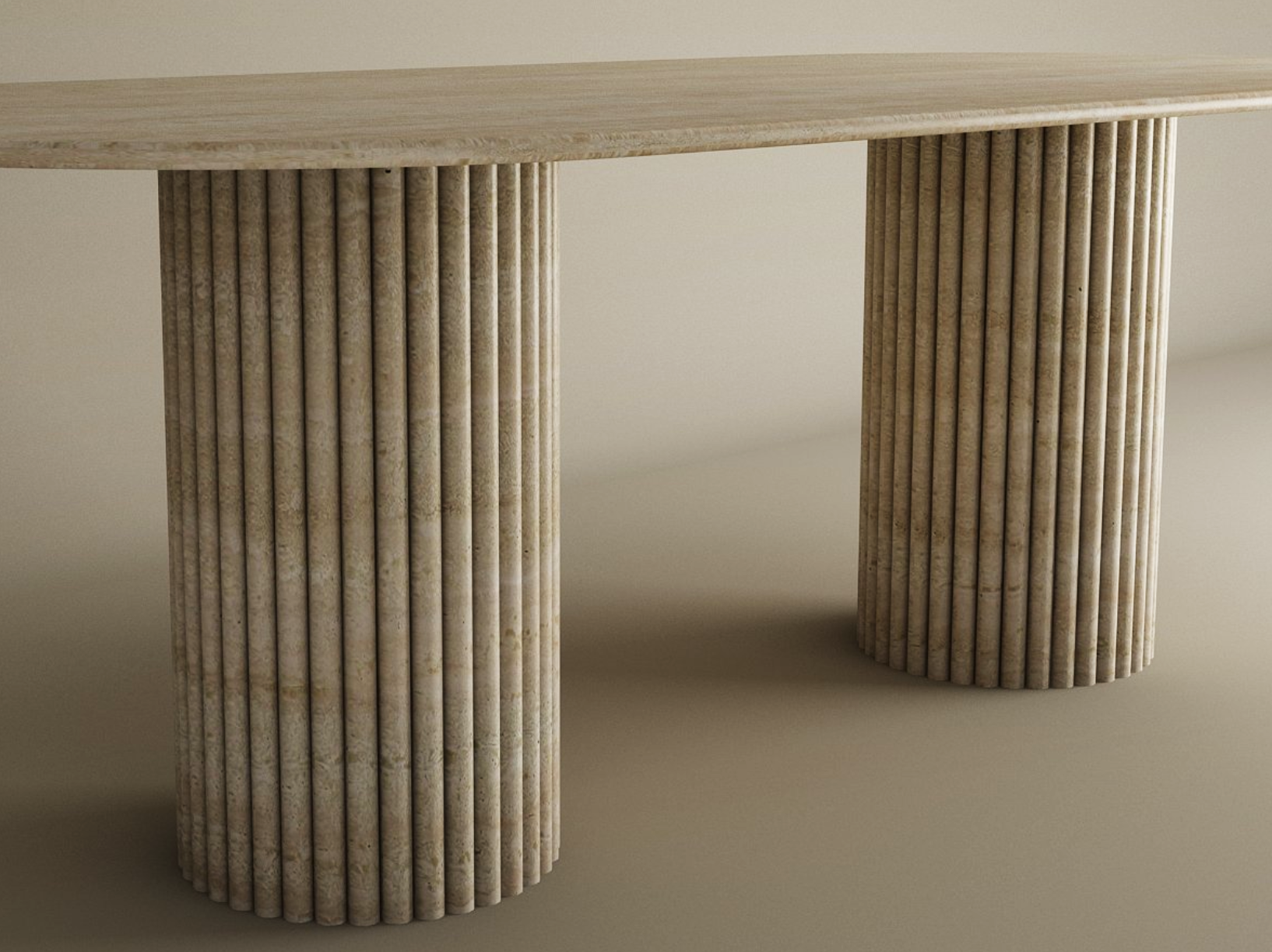 Oval Travertine Dining Table with Vertical Groove Base