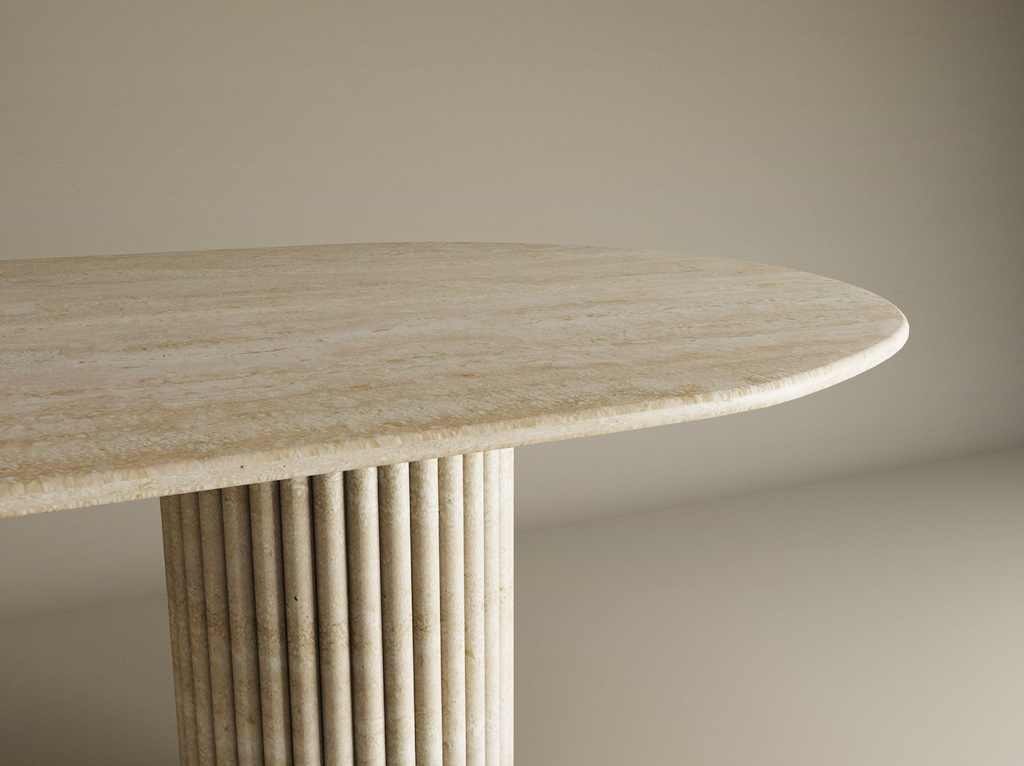 Oval Travertine Dining Table with Vertical Groove Base