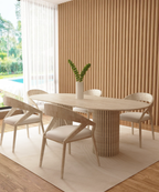 Oval Travertine Dining Table with Vertical Groove Base
