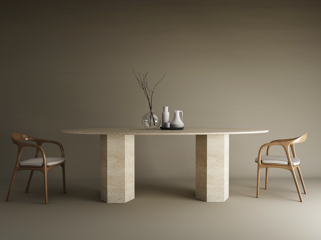 Ellips Travertine Dining Table with Hexagonal Pedestal Base