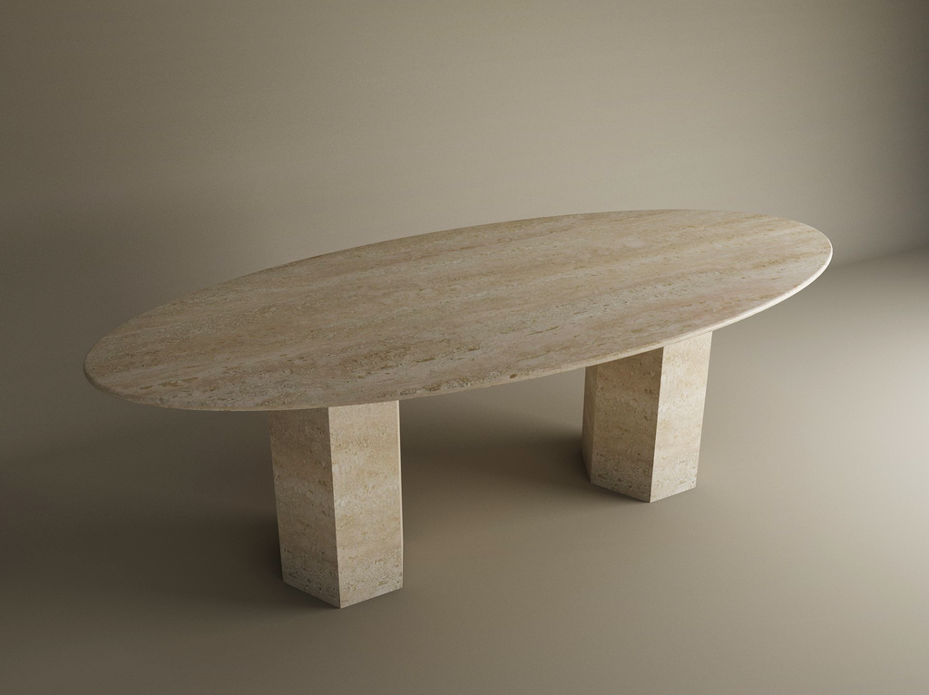 Ellips Travertine Dining Table with Hexagonal Pedestal Base