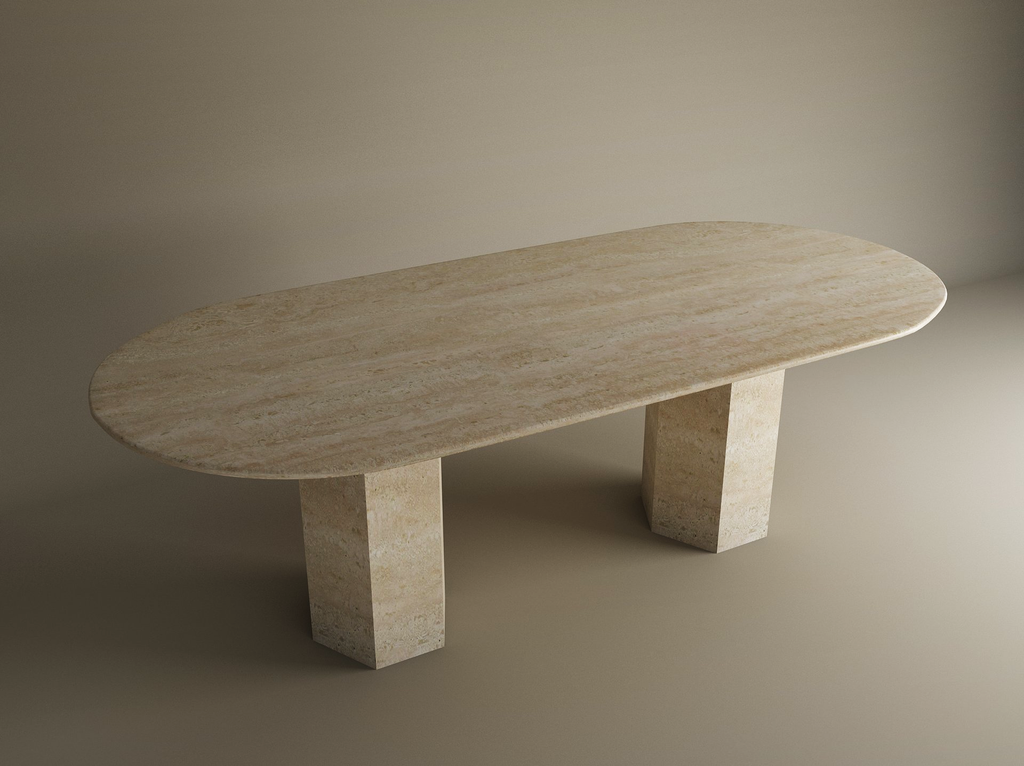 Oval Travertine Dining Table with Hexagonal Pedestal Base