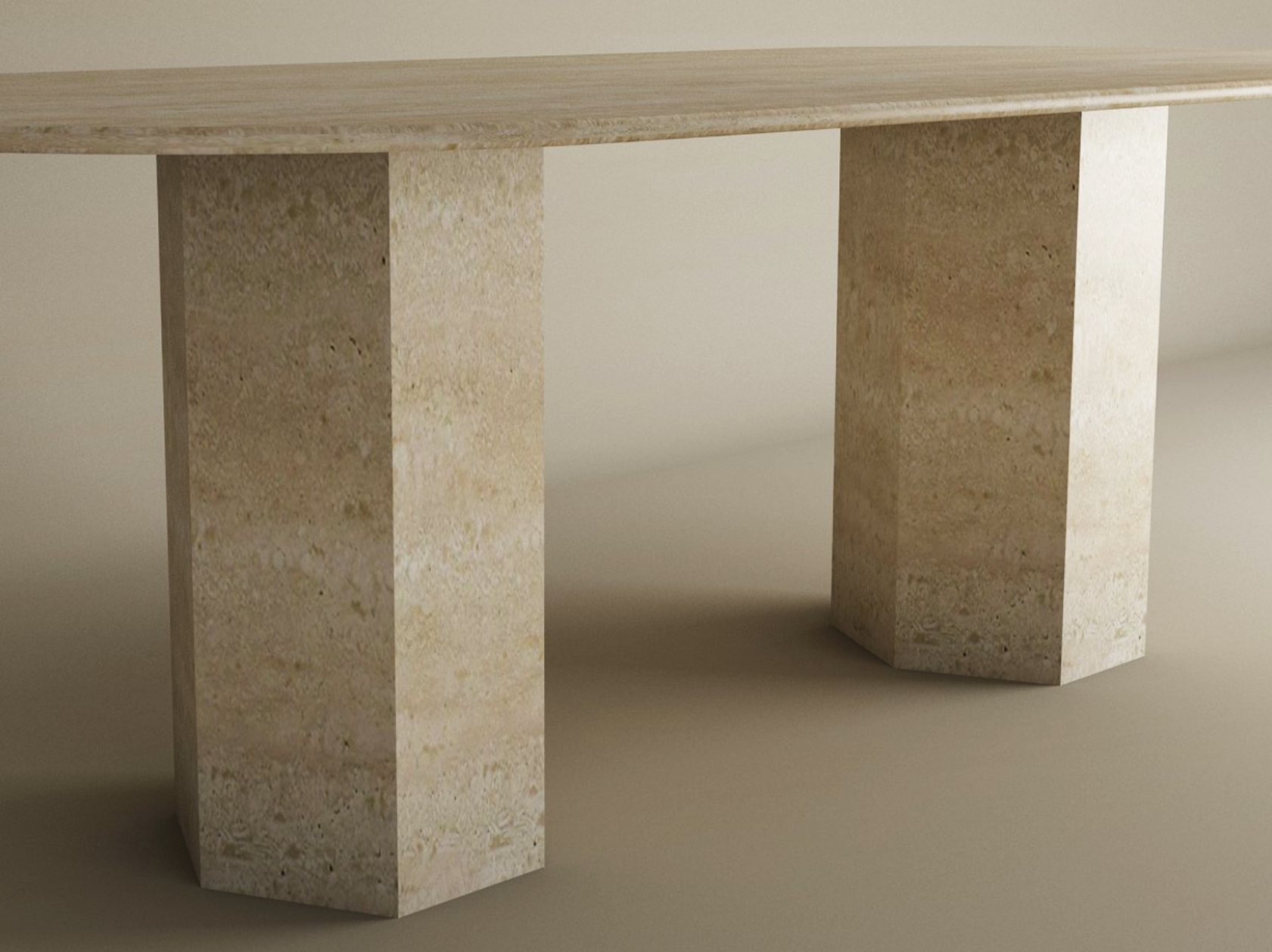Oval Travertine Dining Table with Hexagonal Pedestal Base