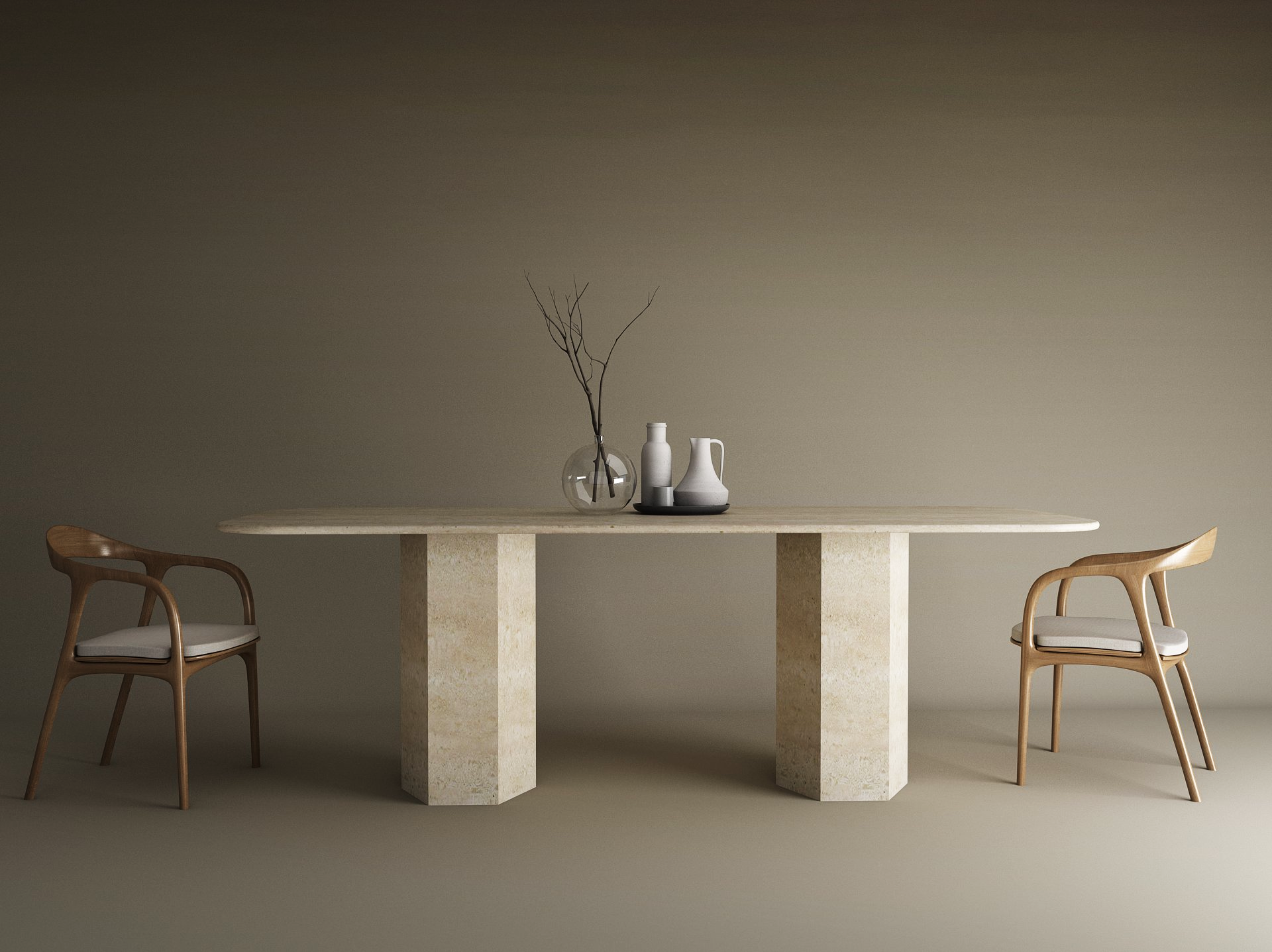 Rectangular Travertine Dining Table with Hexagonal Pedestal Base