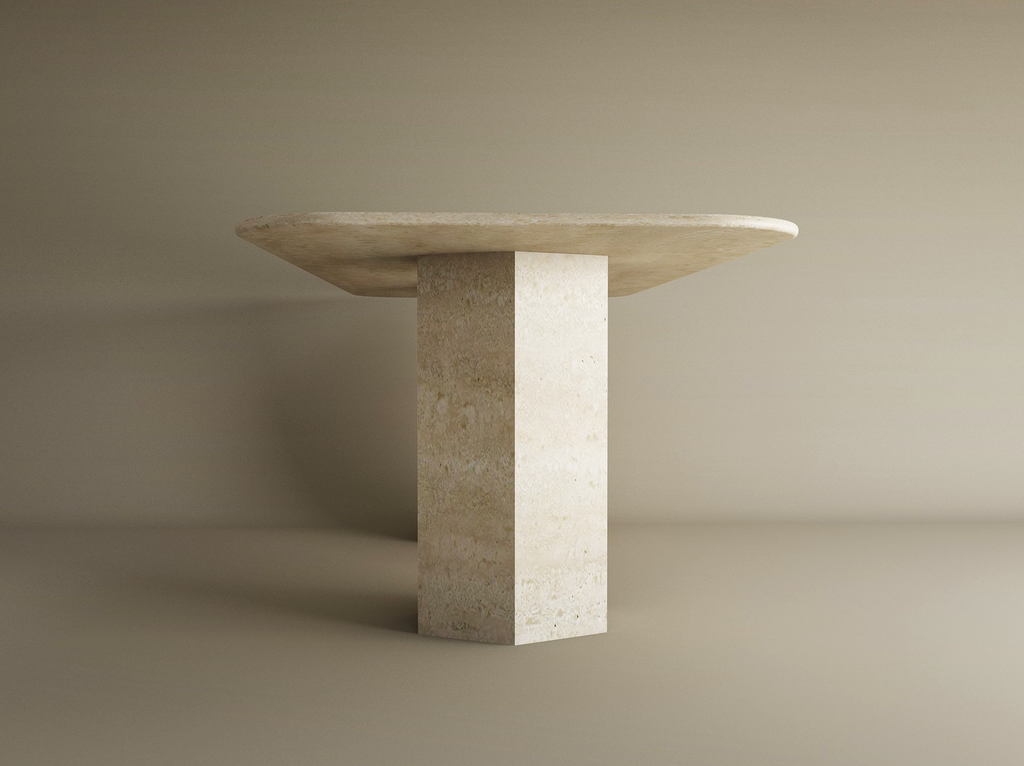 Rectangular Travertine Dining Table with Hexagonal Pedestal Base