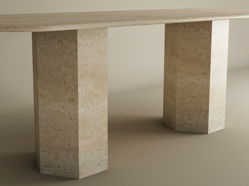 Rectangular Travertine Dining Table with Hexagonal Pedestal Base
