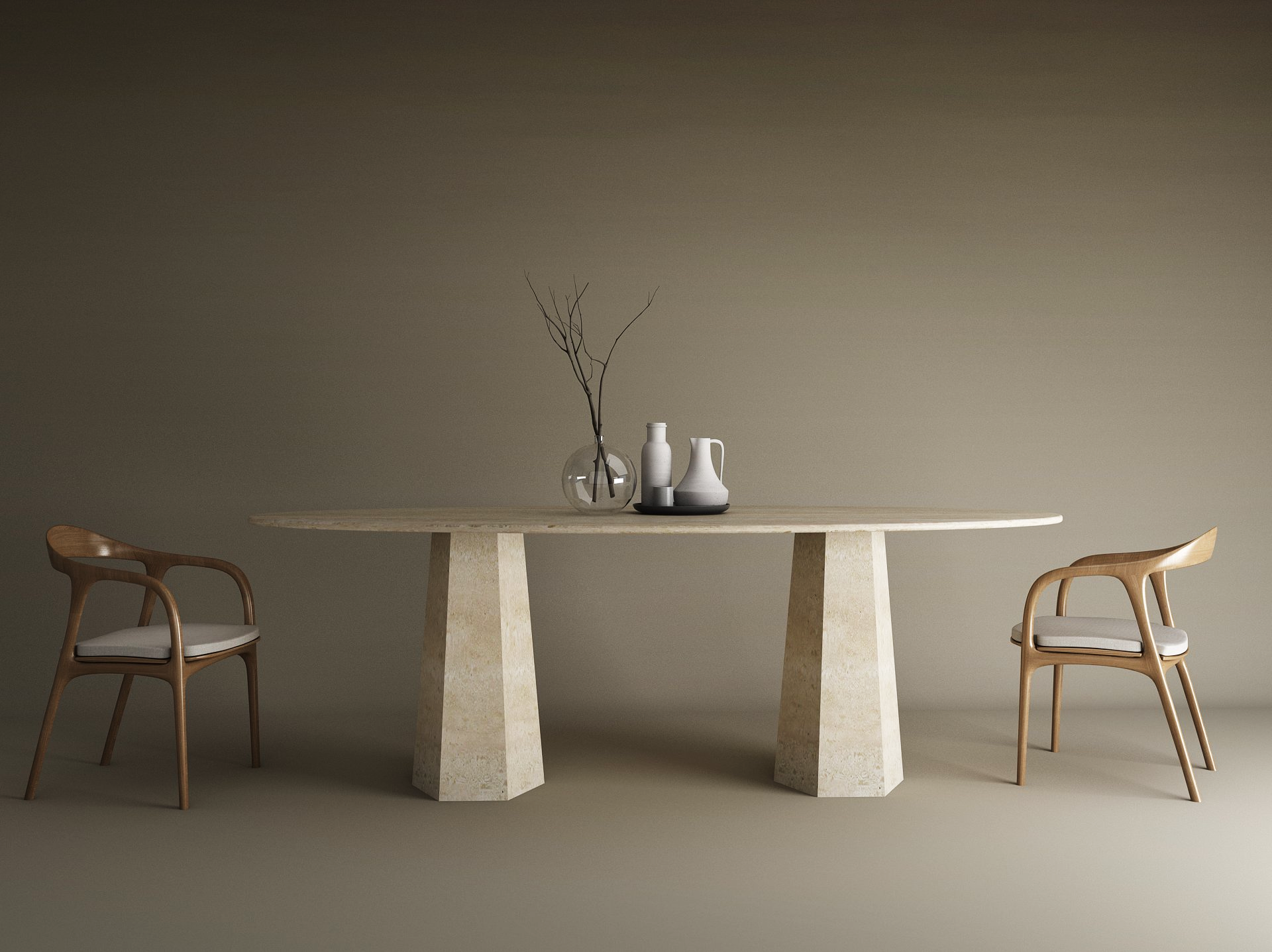 Ellips Travertine Dining Table with Tapered Round Base
