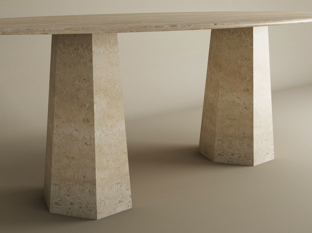 Ellips Travertine Dining Table with Tapered Round Base